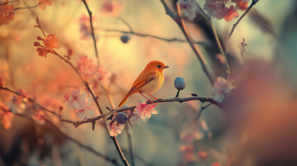 robin redbreast sitting on a branch with blossoms flowers 