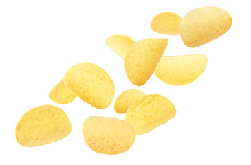 Tasty potato chips falling on white background