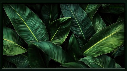 Photograph of Large Lush Leaves in S-Shaped Configuration, Dark Green Background, Displayed in Empty Frame, Vibrant Foliage Contrast, Emphasizing Natural Beauty, Depth, Texture, High-Resolution Image 