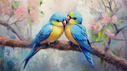 Fototapeta premium blue and yellow love birds on a branch with water paint background 