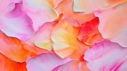 A close-up abstract painting with textured petal-like brushstrokes in shades of pink, orange, and yellow, creating a soft and flowing artistic composition with vibrant tones