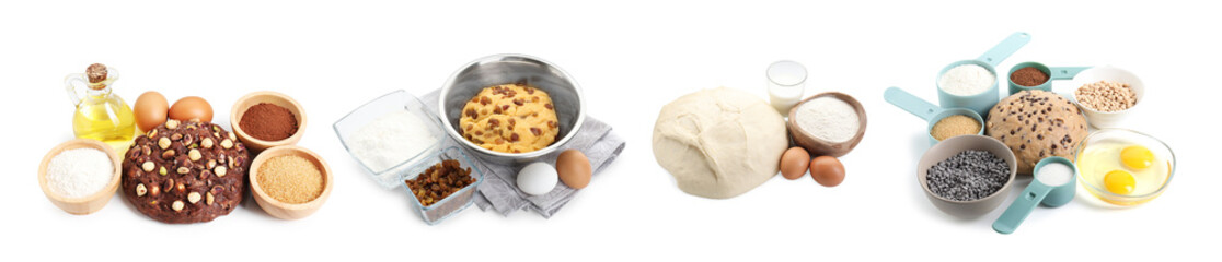 Different types of dough and ingredients isolated on white, set