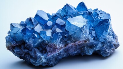 Fototapeta premium A stunning close-up of a cluster of vibrant blue crystals, showcasing their intricate geometric formations and captivating color variations on a light surface