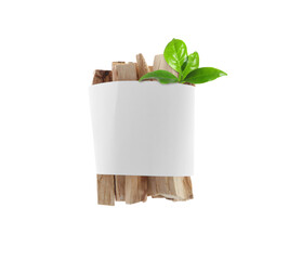 Palo santo sticks wrapped in blank paper and fresh green leaves on white background