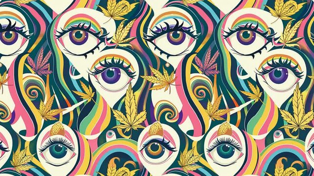 Seamless looping video pattern of surreal eyes with abstract swirls.