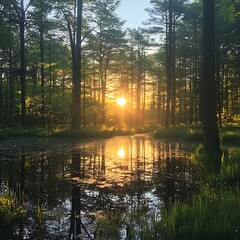 Obraz premium Sunset Reflection in a Forest Pond Tranquil Nature Scene.