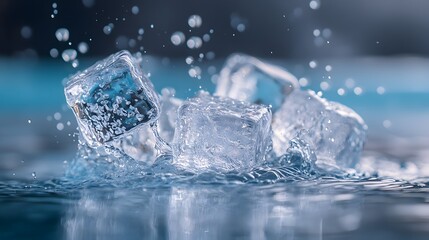 Obraz premium Crystal clear ice cubes splashing into water with soft blue tint, underwater photography, transparent frozen blocks with light refraction, cool refreshing atmosphere