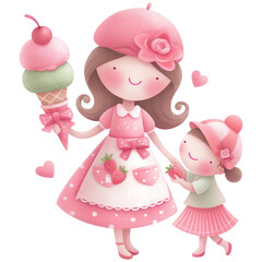 mother and child joyfully share large ice cream cone, surrounded by hearts