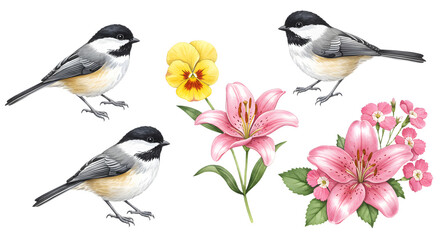 Floral Arrangement Featuring Chickadees, Lilies, and Pansies in a Delicate Display