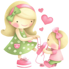Fototapeta premium mother joyfully teaches her child to tie shoelaces, surrounded by hearts