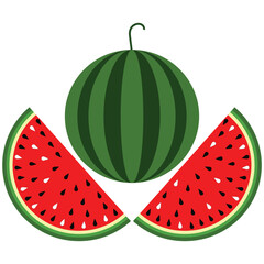 Set of watermelon icon. Watermelon cut in half, healthy sweet red juice. Bright juicy summer fruit.  Piece of fresh and juicy watermelon fruit with red flesh and black seeds. Vector illustration