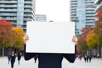 businessman holding blank billboard
