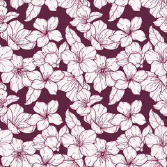 Floral seamless pattern with Sakura. Cherry Blossom background. Eco background. Cherry Blossom and greenery hand drawn line art design. Elegant seamless background minimalist style