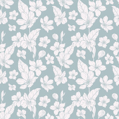 Floral seamless pattern with Sakura. Cherry Blossom background. Eco background. Cherry Blossom and greenery hand drawn line art design. Elegant seamless background minimalist style