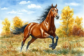 A Beautiful Watercolor Painting Shows A Brown Horse Running Free