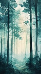 Obraz premium A tranquil and peaceful forest scene with tall trees bathed in soft, ethereal light filtering through mist and foliage, creating a serene woodland path