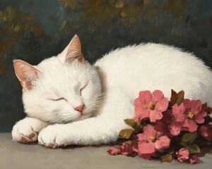 Obraz premium A tranquil oil painting capturing the peaceful moment of a pure white cat sleeping soundly next to a cluster of delicate pink blossoms in a lush garden ambiance