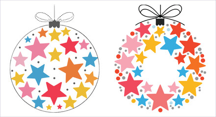 Christmas day colorful star wreath with bow vector design. Christmas day decorative star wreath vector. Star wreath with bow Christmas ornament vector. Christmas day star wreath hanging ornament