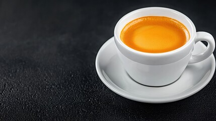 A cup of coffee with a frothy top sits on a white saucer against a black background.