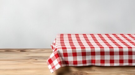 Obraz premium Charming outdoor dining with red and white checkered tablecloth on wooden picnic table