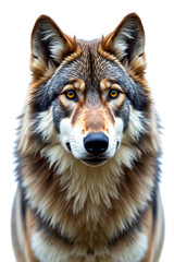 Obraz premium Gray wolf portrait, majestic stare, isolated on transparent background. Wildlife animal with intense gaze, golden eyes, detailed fur. Nature, conservation use.