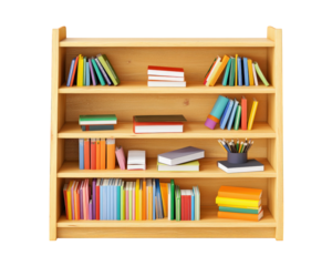 wooden bookshelf filled with colorful educational materials and books, showcasing variety of sizes and shapes, perfect for learning environment