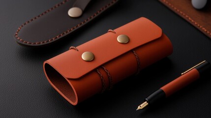 A brown leather pen holder with a gold button and a black and gold fountain pen.
