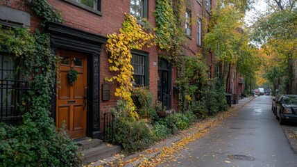 Fototapeta premium Quiet Autumn Street Scene: Brick Buildings and Golden Foliage