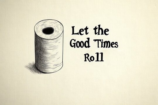 Minimalistic illustration of a toilet roll with the words Let the good times roll on a simple plain background