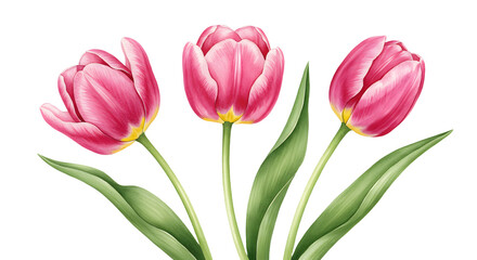 Fototapeta premium Elegant pink tulips with delicate green leaves on a serene white backdrop