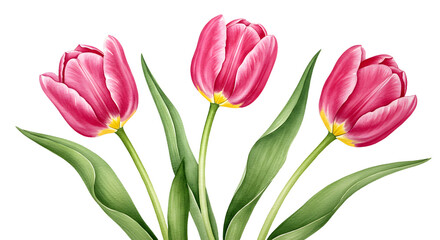 Fototapeta premium Watercolor illustration of three pink tulips with long green leaves
