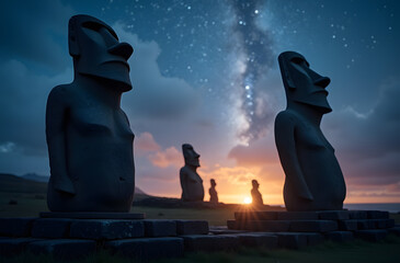 Mystical Giants: The enigmatic Moai statues of Easter Island stand silhouetted against a twilight sky, beneath a breathtaking display of the Milky Way.