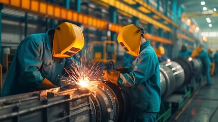 Industrial Welding Operation in a Manufacturing Plant with Sparks and Safety Gear