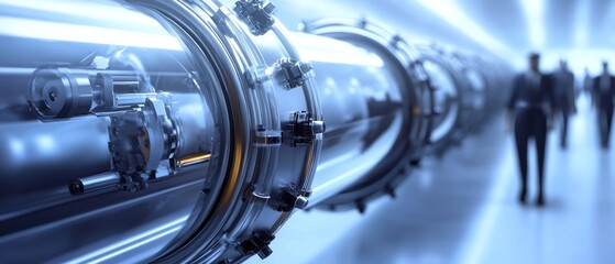 Fototapeta premium Futuristic tunnel with people walking in background