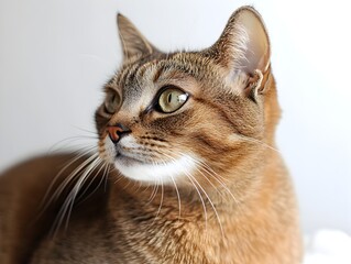 Fototapeta premium A beautiful brown tabby cat with striking green eyes gazes intently to its right against a softly blurred white background.
