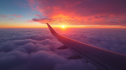 Obraz premium Flugzeugflügel über den Wolken bei farbenprächtigem Sonnenuntergang – Reisemoment 