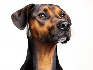 Obraz premium A majestic brindle dog with ligent eyes gazes intently toward the upper right corner against a clean white background.
