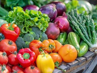 A Vibrant Display of Freshly Harvested Vegetables Showcasing Tomatoes, Bell Peppers, Broccoli, Lettuce, Onions, Eggplant, Zucchini and Asparagus on a Rustic Wooden Surface