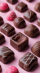 Fototapeta premium Assorted handcrafted chocolates on a pink background showcasing various flavors and designs for sweet indulgence