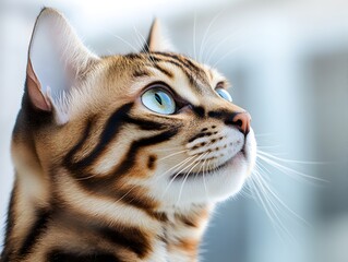 Naklejka premium A beautiful Bengal cat with striking blue eyes gazes intently upward showcasing its elegant spotted coat and delicate whiskers.