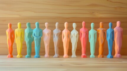 A vibrant lineup of colorful wooden figures standing in a row against a natural pine wood backdrop, showcasing diversity and unity through simple geometric shapes