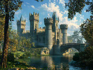 Obraz premium Majestic Castle Reflecting in Water Surrounded by Trees and Blue Sky