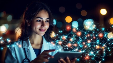 Smiling doctor using tablet at night, digital network overlay.