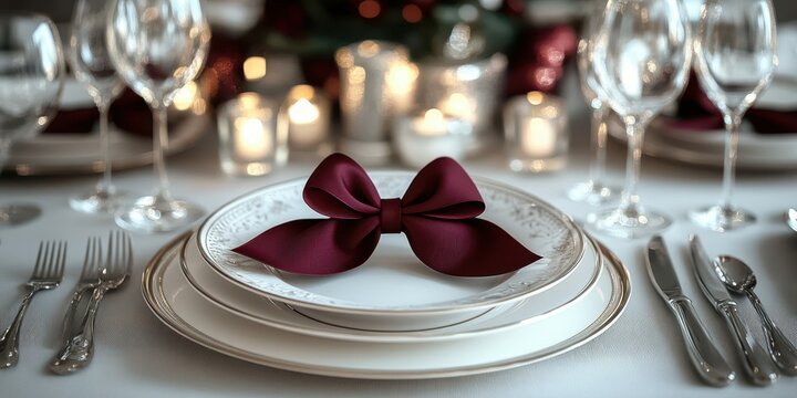 Elegant dining table set for a festive occasion with decorative ribbon on plate and candlelight ambiance