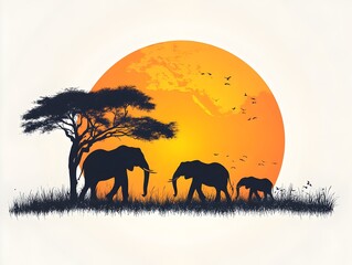 Obraz premium A family of African elephants silhouetted against a vibrant orange sunset in the savanna, under a majestic acacia tree.