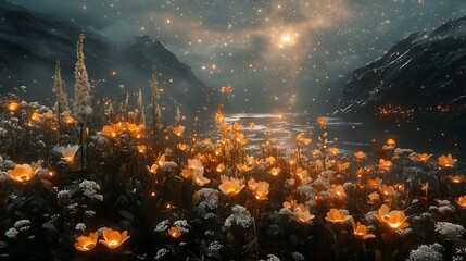 Enchanted Field of Lights Magical Meadow Glow with Mystical Flowers in a Dreamlike Mountain Valley