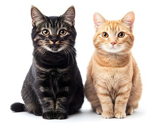 Two adorable domestic cats a tabby and ginger sit side by side against a clean white background posing for a lovely pet portrait.
