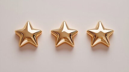 Obraz premium Five polished golden stars align in a row on a white background, showcasing a premium metallic texture and soft shadows for a luxurious rating symbol.