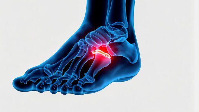 A digital X-ray of a human foot highlights an injured, inflamed bone in red, suggesting a fracture, strain, medical condition. The blue transparent visualization showcases bones, joints and structure.