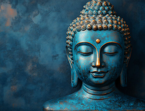 a bronze buddha head statue, simple background, dark blue wall.